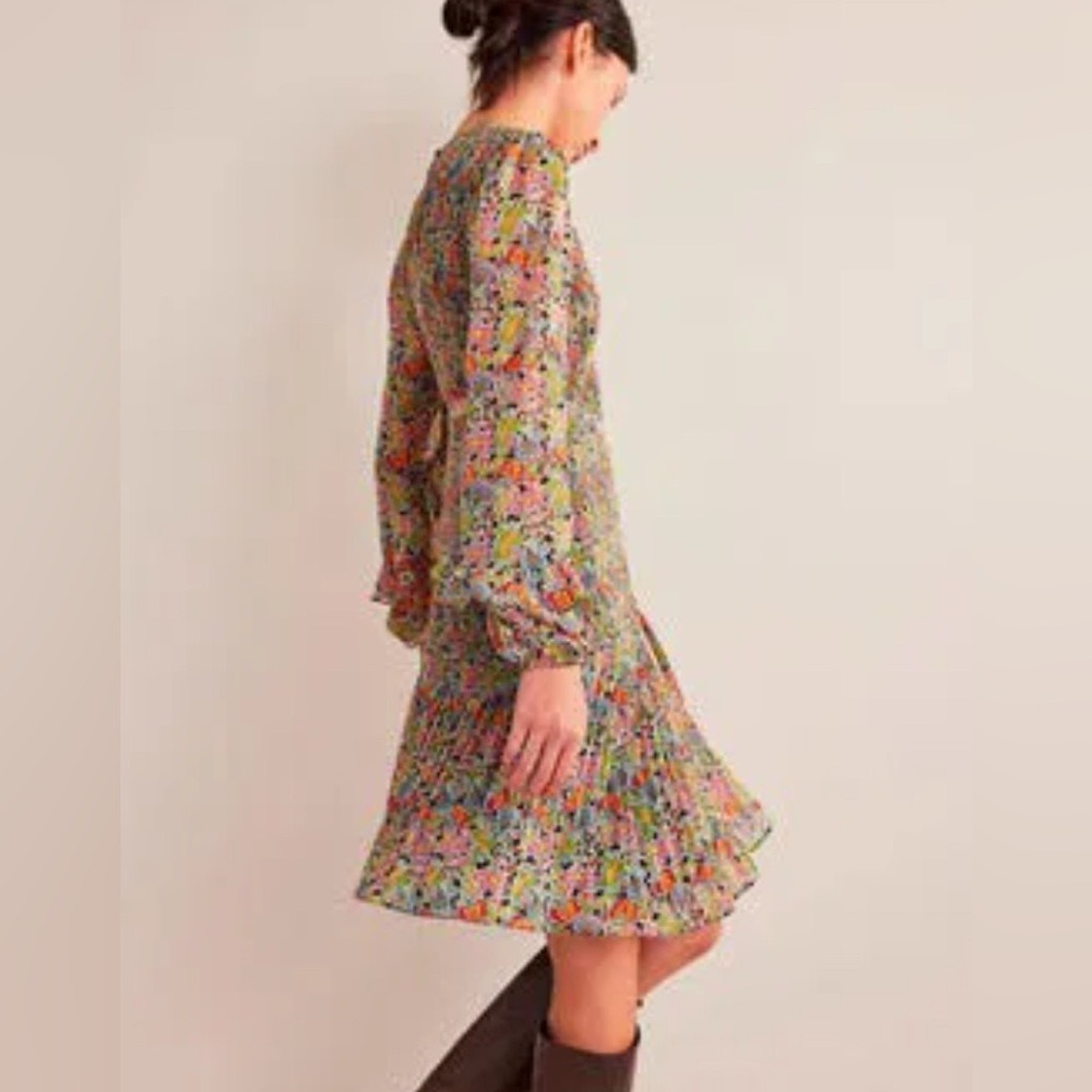 Boden Pleated Floral Dress Women Size 10 Multicolor Excellent Long Sleeve